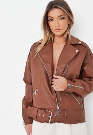 Missguided brown faux leather belted boyfriend biker jacket – womens relaxed fit stud and zipper detail jackets