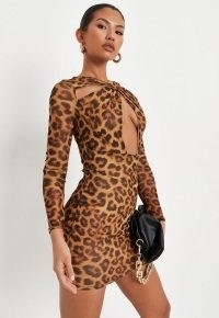 MISSGUIDED brown leopard print mesh twist neck mini dress – glamorous cut out dresses – going out evening fashion with animal prints