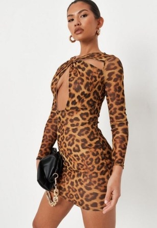 MISSGUIDED brown leopard print mesh twist neck mini dress – glamorous cut out dresses – going out evening fashion with animal prints - flipped