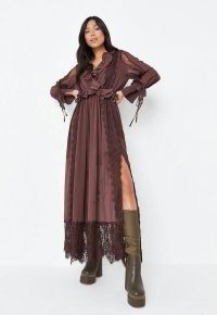 MISSGUIDED brown mesh lace trim ruffle maxi dress ~ sheer ruffled dresses
