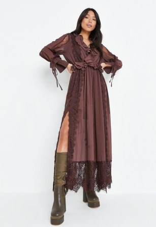 MISSGUIDED brown mesh lace trim ruffle maxi dress ~ sheer ruffled dresses - flipped
