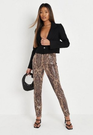 MISSGUIDED brown snake print faux leather slim leg trousers – going out evening fashion with animal prints - flipped