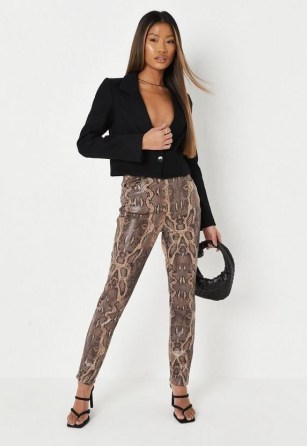 MISSGUIDED brown snake print faux leather slim leg trousers – going out evening fashion with animal prints
