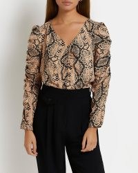 RIVER ISLAND BROWN SNAKE PRINT RUCHED TOP / womens reptile print tops
