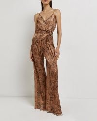 RIVER ISLAND BROWN SNAKE PRINT TIE FRONT JUMPSUIT ~ skinny strap going out jumpsuits ~ glamorous animal printed evening fashion