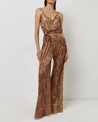 RIVER ISLAND BROWN SNAKE PRINT TIE FRONT JUMPSUIT ~ skinny strap going out jumpsuits ~ glamorous animal printed evening fashion - flipped