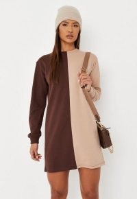 MISSGUIDED brown spliced sweater dress – tonal colour block jumper dresses