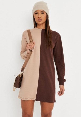 MISSGUIDED brown spliced sweater dress – tonal colour block jumper dresses - flipped