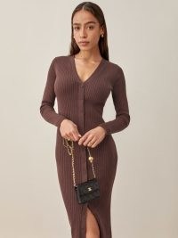 REFORMATION Bruni Cotton Sweater Dress in Cafe ~ chic chocolate brown ribbed knit dresses