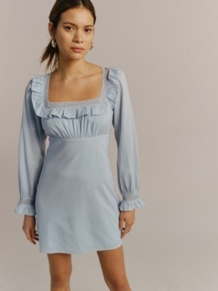 REFORMATION Burke Dress in Mineral ~ light blue square neck ruffle trim mini dresses - flipped