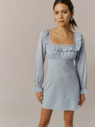 REFORMATION Burke Dress in Mineral ~ light blue square neck ruffle trim mini dresses