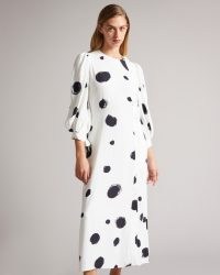 TED BAKER ELIYZZA Button Up Midi Dress With Tie Cuffs in White / spot print dresses