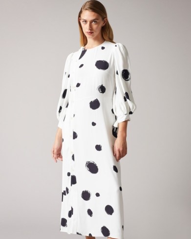 TED BAKER ELIYZZA Button Up Midi Dress With Tie Cuffs in White / spot print dresses - flipped