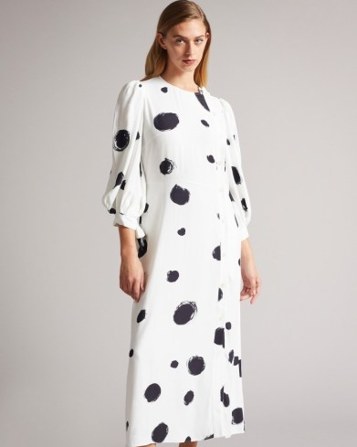 TED BAKER ELIYZZA Button Up Midi Dress With Tie Cuffs in White / spot print dresses