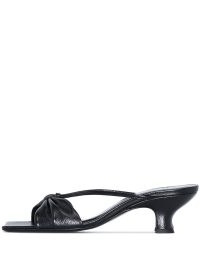 BY FAR Freya 50mm ruched sandals in black leather – strappy square toe mid block heels