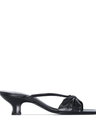 BY FAR Freya 50mm ruched sandals in black leather – strappy square toe mid block heels - flipped