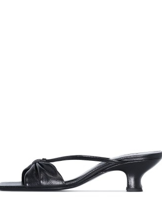 BY FAR Freya 50mm ruched sandals in black leather – strappy square toe mid block heels