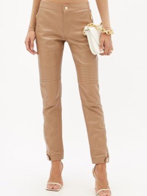 BURBERRY Christy zip-cuff leather skinny trousers in camel – women’s luxe light brown biker style skinnies - flipped