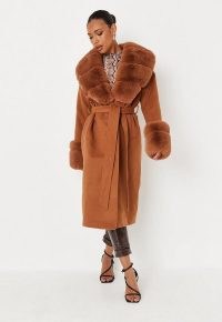 MISSGUIDED camel faux fur trim belted longline coat ~ brown glamorous luxe style winter coats ~ tie waist belt