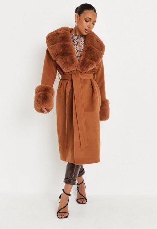 MISSGUIDED camel faux fur trim belted longline coat ~ brown glamorous luxe style winter coats ~ tie waist belt - flipped