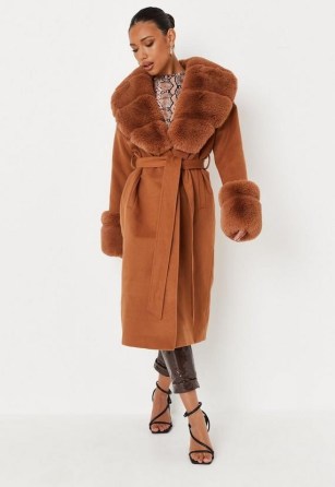 MISSGUIDED camel faux fur trim belted longline coat ~ brown glamorous luxe style winter coats ~ tie waist belt