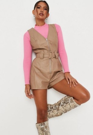 Missguided camel faux leather belted playsuit – light brown sleeveless playsuits
