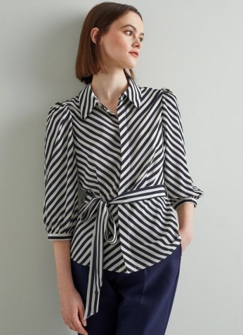 L.K. Bennett CASS NAVY AND CREAM STRIPE SILK BLOUSE | striped tie waist vintage inspired blouses - flipped