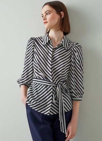 L.K. Bennett CASS NAVY AND CREAM STRIPE SILK BLOUSE | striped tie waist vintage inspired blouses