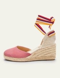 Boden Cassie Espadrille Wedges in Azalea Multi Stripe Ribbon ~ pink ankle tie espadrilles ~ summer wedge heel sandals