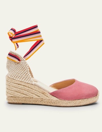 Boden Cassie Espadrille Wedges in Azalea Multi Stripe Ribbon ~ pink ankle tie espadrilles ~ summer wedge heel sandals - flipped