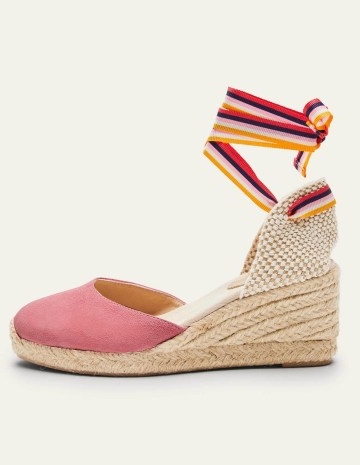 Boden Cassie Espadrille Wedges in Azalea Multi Stripe Ribbon ~ pink ankle tie espadrilles ~ summer wedge heel sandals