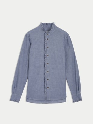 Jigsaw Chambray Ruffle Shirt Blue | ruffled lightweight denim shirts - flipped