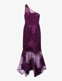 CHI CHI LONDON Floral embroidered lace midi dress in purple – evening glamour – glamorous one shoulder party dresses