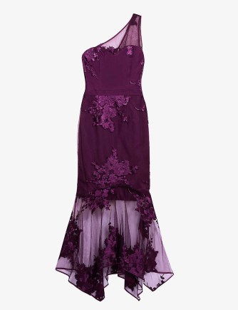 CHI CHI LONDON Floral embroidered lace midi dress in purple – evening glamour – glamorous one shoulder party dresses - flipped