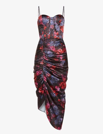CHI CHI LONDON Floral-print sweetheart-neck stretch-crepe midi dress in black – spaghetti strap fitted bodice party dresses – ruched detail evening fashion - flipped