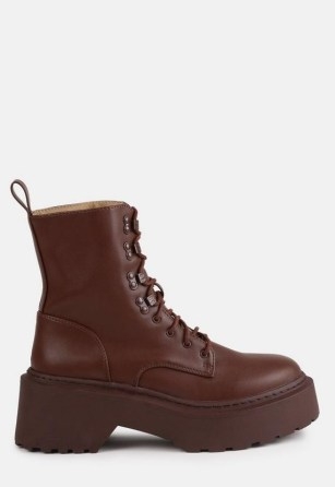 MISSGUIDED chocolate faux leather lace up chunky sole boots ~ womens dark brown combat style boot - flipped