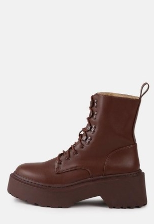 MISSGUIDED chocolate faux leather lace up chunky sole boots ~ womens dark brown combat style boot