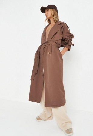 MISSGUIDED chocolate oversized belted trench coat ~ brown on-trend tie waist coats - flipped