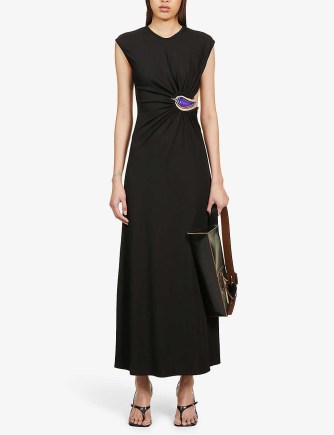 CHRISTOPHER ESBER Moodstone-hardware ruched stretch-woven maxi dress in black – chic cut out detail dresses - flipped
