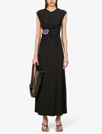 CHRISTOPHER ESBER Moodstone-hardware ruched stretch-woven maxi dress in black – chic cut out detail dresses