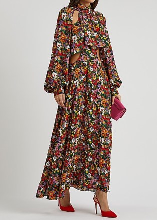 CHRISTOPHER KANE Psych floral-print crepe midi dress – vibrant printed occasion fashion – cut out balloon sleeve dresses
