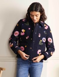 Boden Clara Embroidered Jacket in Navy Embroidered Flower – women’s casual dark blue floral jackets