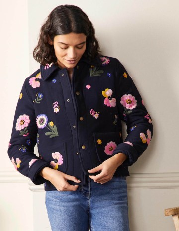 Boden Clara Embroidered Jacket in Navy Embroidered Flower – women’s casual dark blue floral jackets - flipped
