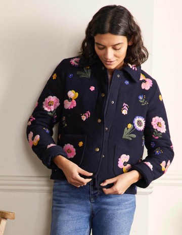 Boden Clara Embroidered Jacket in Navy Embroidered Flower – women’s casual dark blue floral jackets
