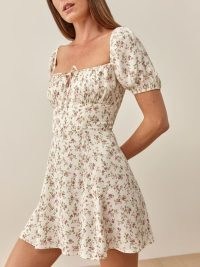 Reformation Corbin Dress in Boheme – short sleeve floral print fit and flare mini dresses – ruched bust – puff sleeves