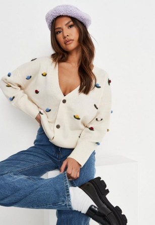 Missguided cream 3d flower embroidery cardigan | textured floral embroidered cardigans | womens on-trend knitwear - flipped