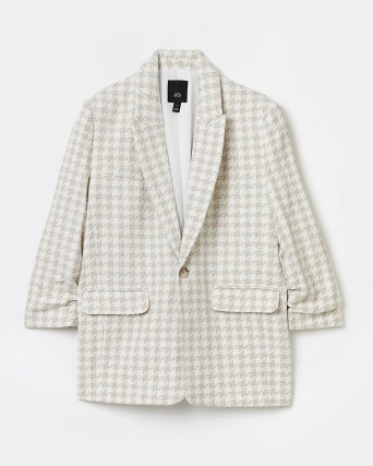 RIVER ISLAND CREAM DOGTOOTH BOUCLE BLAZER / women’s on-trend checked houndstooth blazers / womens fashionable 3/4 length ruched sleeve jackets - flipped