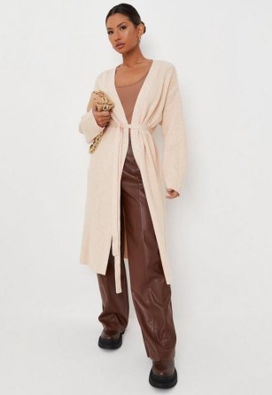 Missguided cream rib long belted knit maxi cardigan | luxe style longline tie waist cardigans | women’s on-trend knitwear