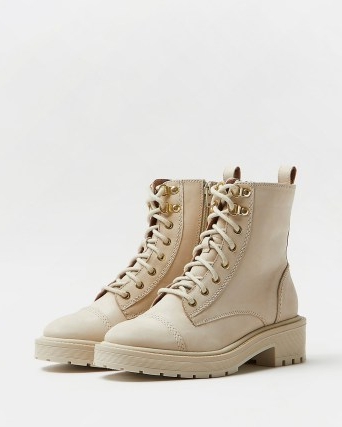 RIVER ISLAND CREAM WIDE FIT LEATHER BIKER BOOTS ~ women’s on-trend casual lace up footwear