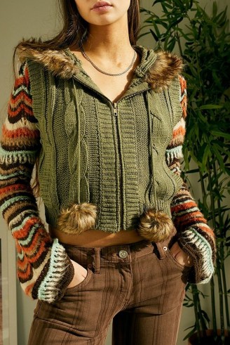 UO Pom Pom Gilet in Khaki ~ green knitted faux fur trim gilets ~ women’s fashion from urban outfitters - flipped